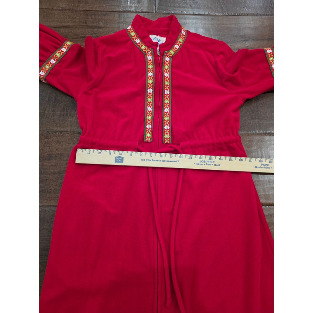 Vtg Rare Boho M Cottagecore Red fleece robe floral 70s ruffle hem loungeware - Picture 4 of 12